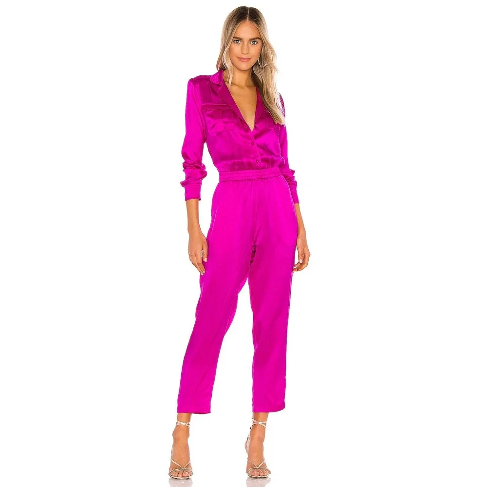 NEW Amanda Uprichard Felix Jumpsuit Revolve 100% Silk Size Small  Navy - Picture 2 of 11